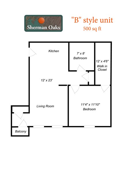 A diagram of a floor plan for a 500 sq ft 'B' style unit at Sherman Oaks.